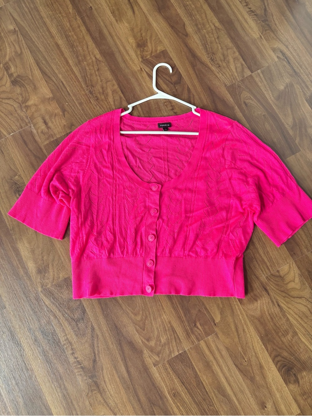 Torrid Hot Pink Heart Pointelle Knit Cropped Cardigan Sweater Short Sleeve sz 3X